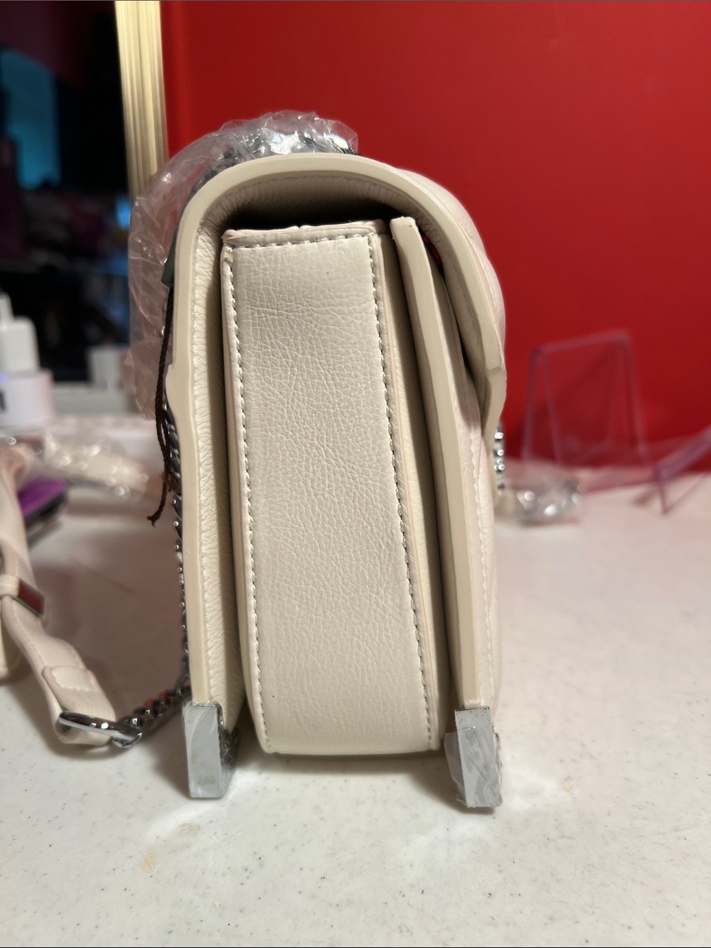 Cream Quilted Chain-Handle Shoulder Bag - Picture 7 of 9